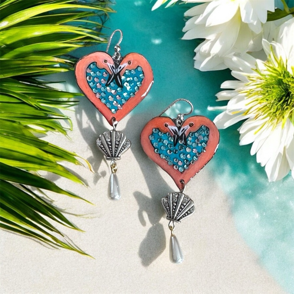 Hand painted flamingo, heart shaped earrings with crystals and metal charm